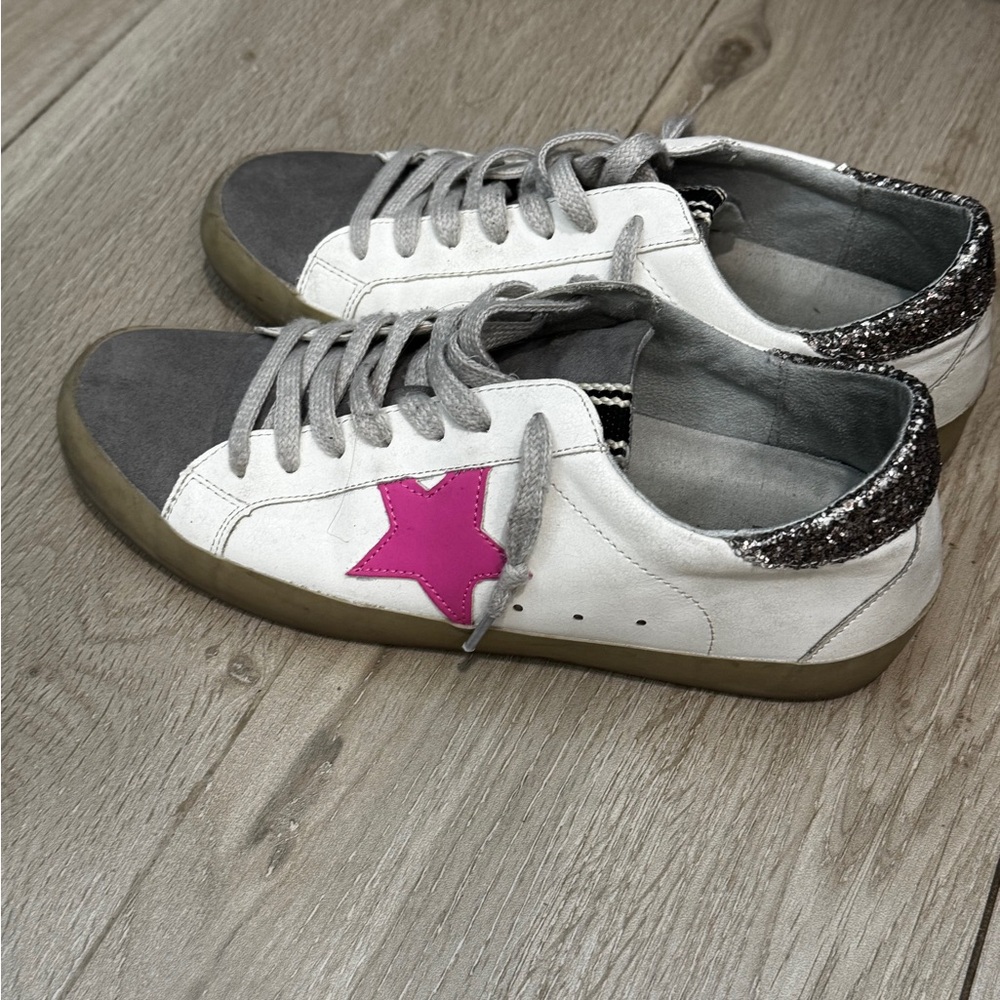 SHUSHOP Paris Pink Star Sneakers Glitter Heel Distressed Golden Goose Style - Picture 4 of 6